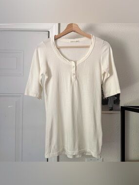 CHRISTINA LEHR off white cotton semi sheer short sleeve Henley polo shirt tee